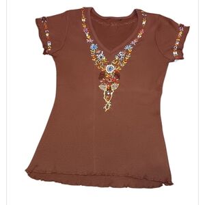 Y2k Embroidered Brown Women's Top Sz S